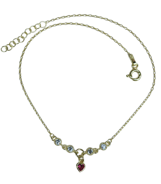 Anklet-14 k Gold Vermeil- Sterling Silver-CZ Heart Dangle