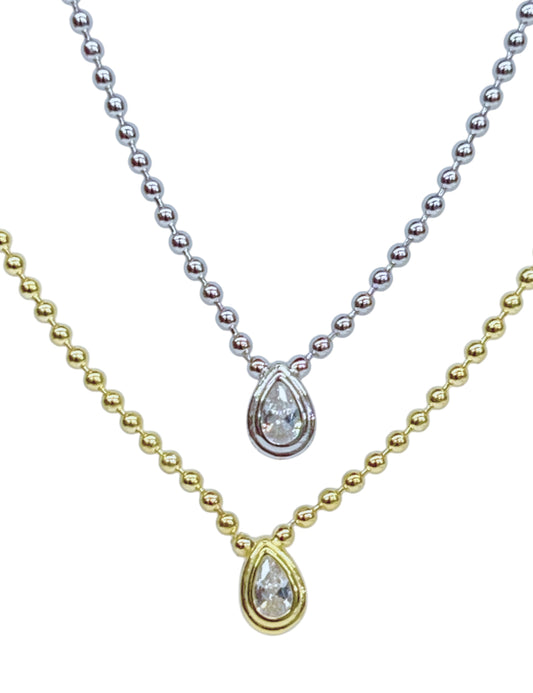 Sterling Silver Ball Chain Necklace with CZ Teardrop