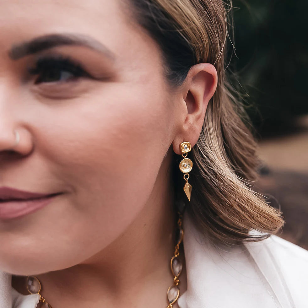 Matte Gold Shield Dangle Earrings-Loni Paul