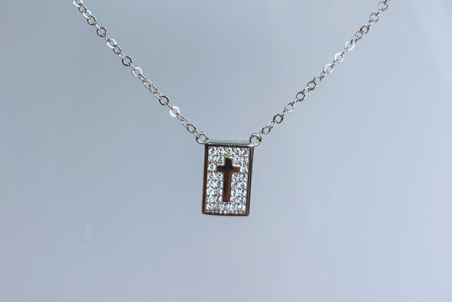 Sterling Silver and Cubic Zirconia Cross Plate Necklace
