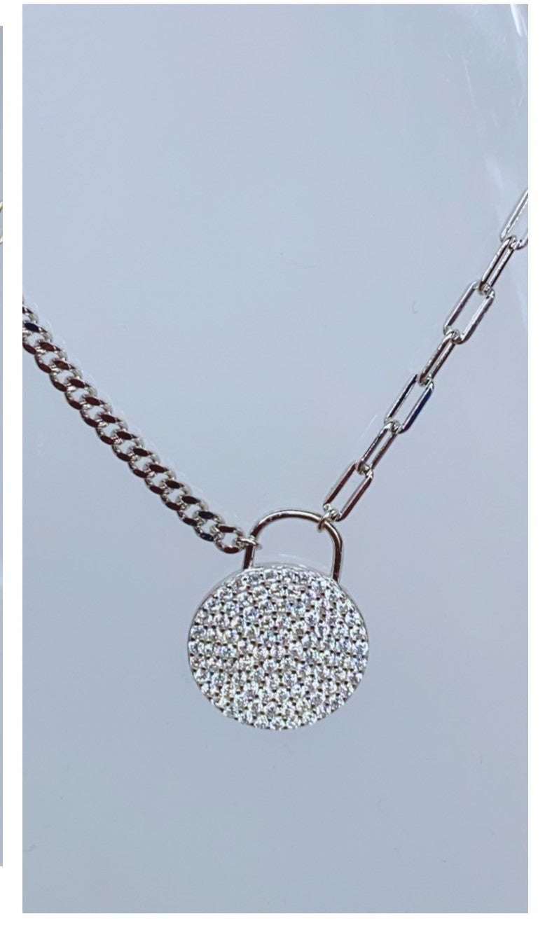Sterling Silver and Pave Disc Necklace