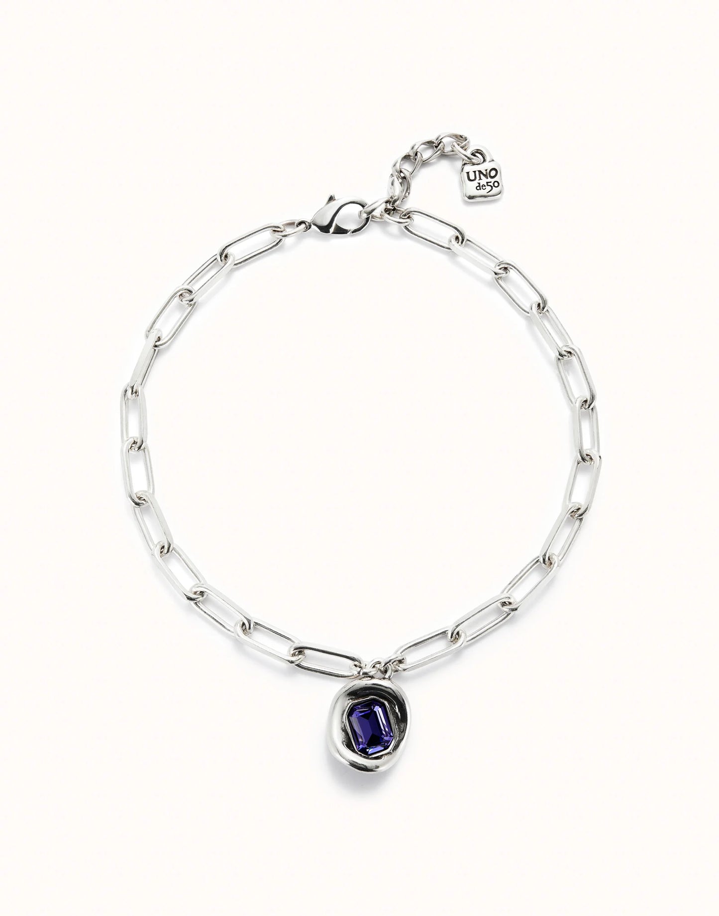 Sterling silver-plated chain with links and purple crystal-Uno De 50