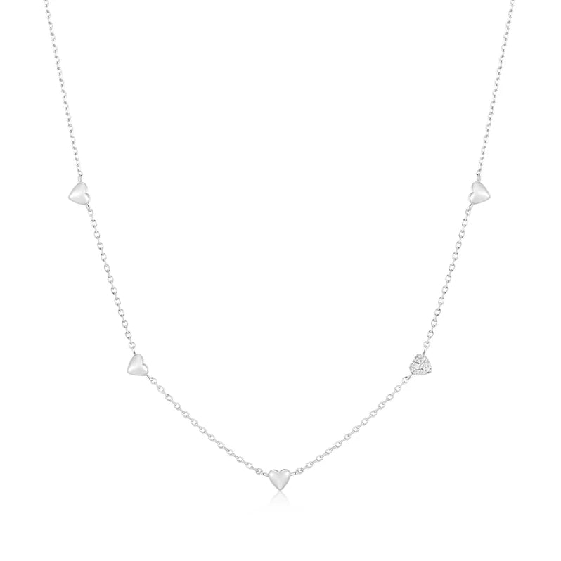 Silver Pave Puffed Heart Station Necklace