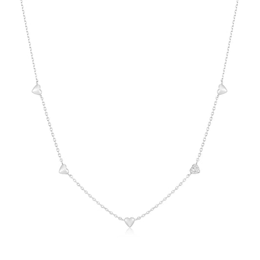 Silver Pave Puffed Heart Station Necklace