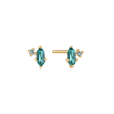 Gold Teal Sparkle Emblem Stud Earrings -14 K Gold Vermeil Cubic Zirconia Earring-Ania Haie