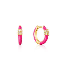 Neon Pink Enamel Carabiner Gold Huggie Hoop Earrings-Ania Haie