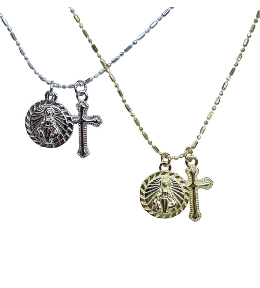 Mary and Cross Charm Sterling Silver Necklace
