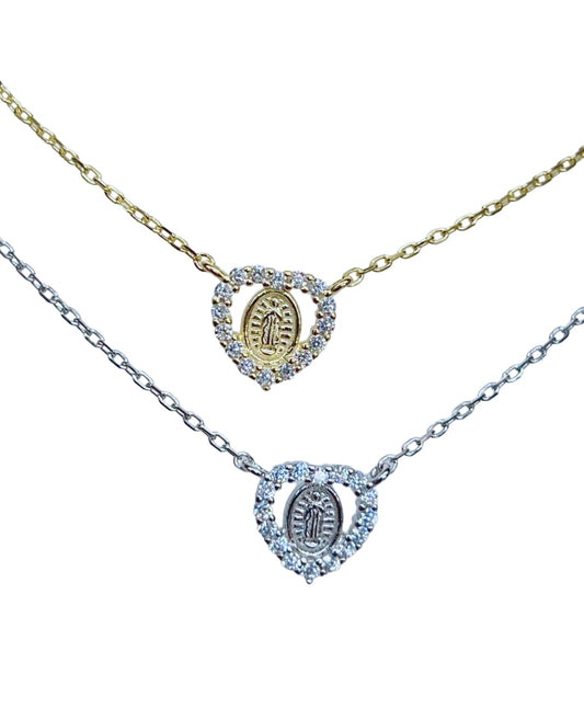 Mother Mary in CZ Heart Necklace