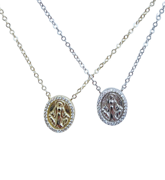 Mary in CZ Halo and Sterling Silver Necklace